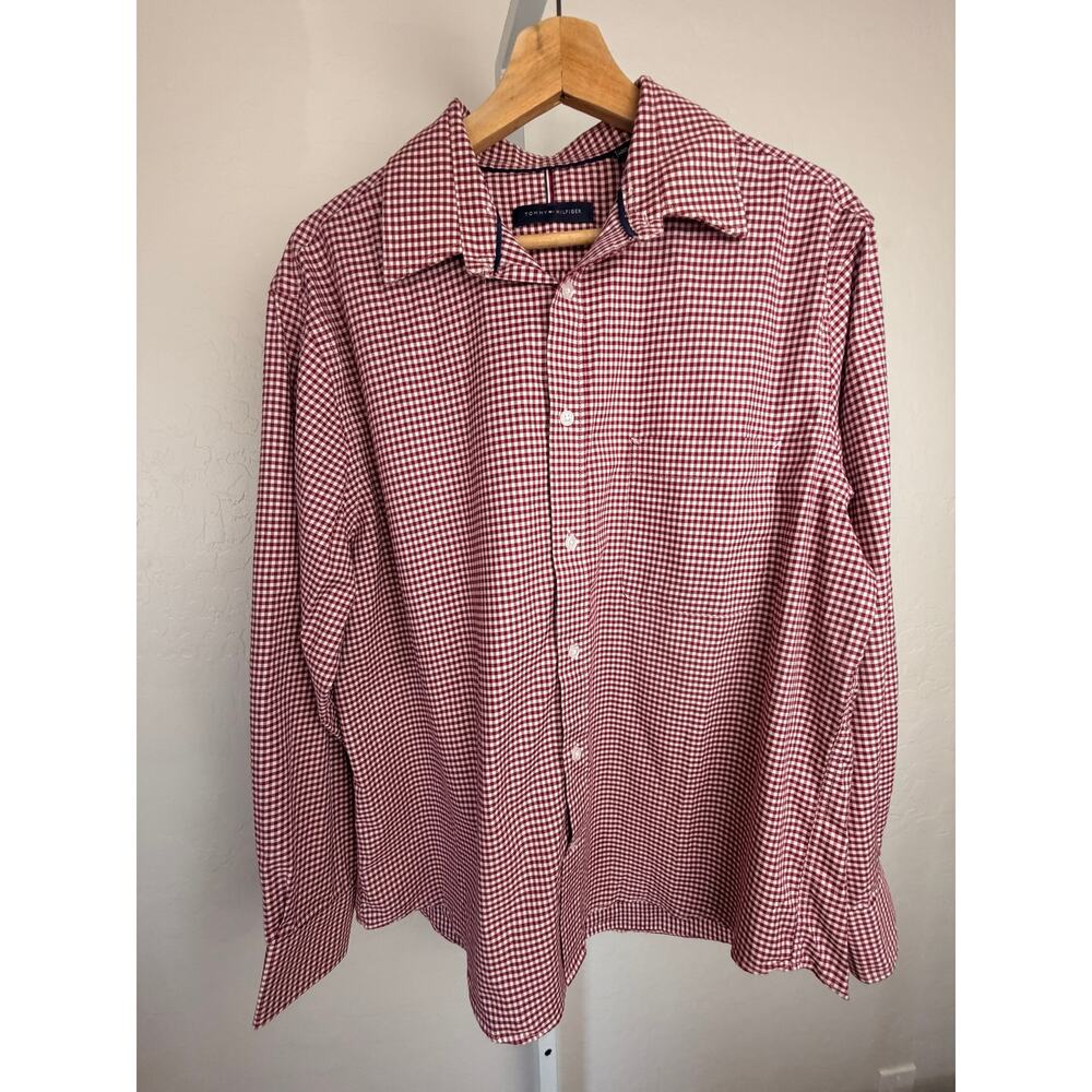 Tommy Hilfiger Button Down Shirt L Red Gingham Check Stretch Regular Fit